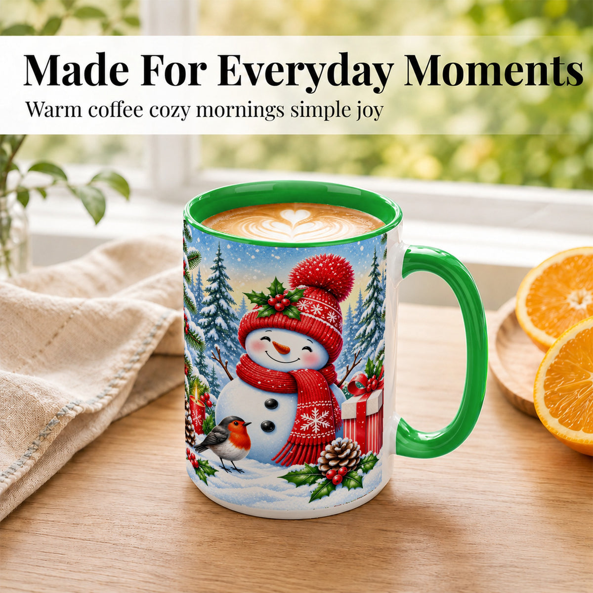 #pl[15oz|Green] Christmas Snowman Coffee Mug, Winter Robin Mug, Ceramic Cup