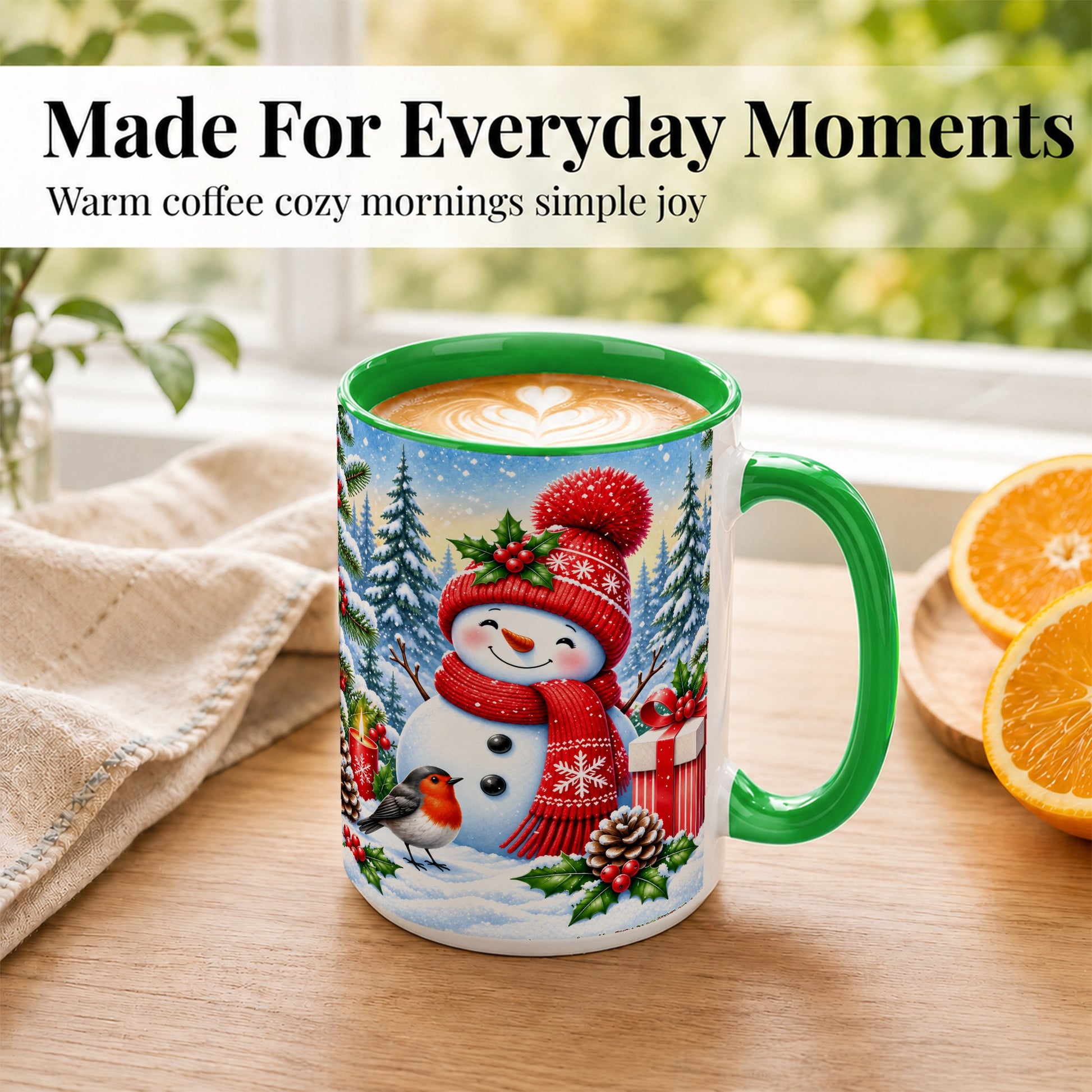 #pl[15oz|Green] Christmas Snowman Coffee Mug, Winter Robin Mug, Ceramic Cup