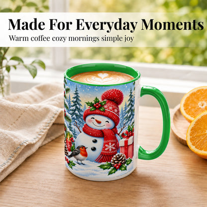 #pl[15oz|Green] Christmas Snowman Coffee Mug, Winter Robin Mug, Ceramic Cup