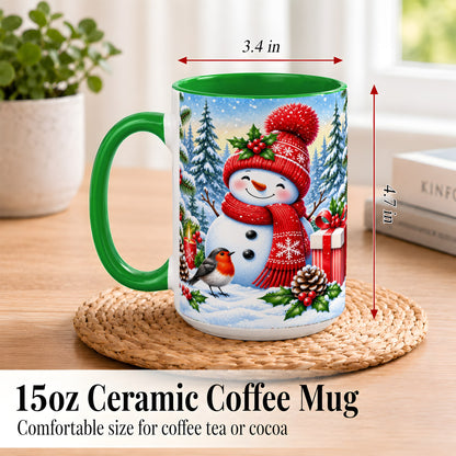 #pl[15oz|Green] Christmas Snowman Coffee Mug, Winter Robin Mug, Ceramic Cup