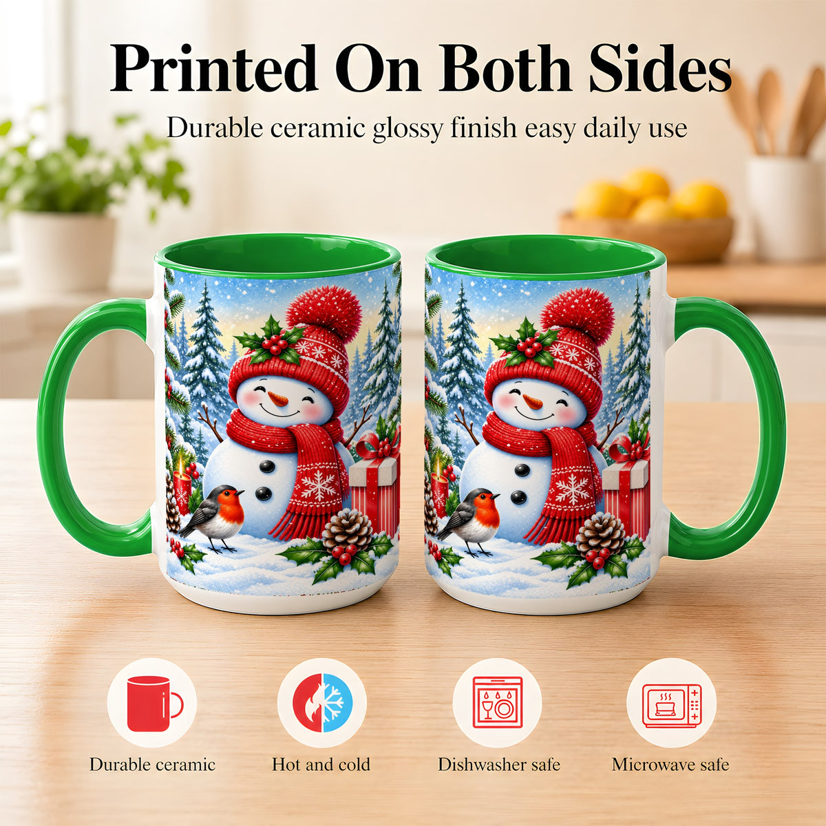 #pl[15oz|Green] Christmas Snowman Coffee Mug, Winter Robin Mug, Ceramic Cup