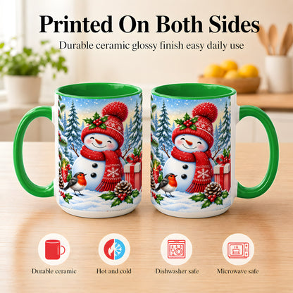 #pl[15oz|Green] Christmas Snowman Coffee Mug, Winter Robin Mug, Ceramic Cup