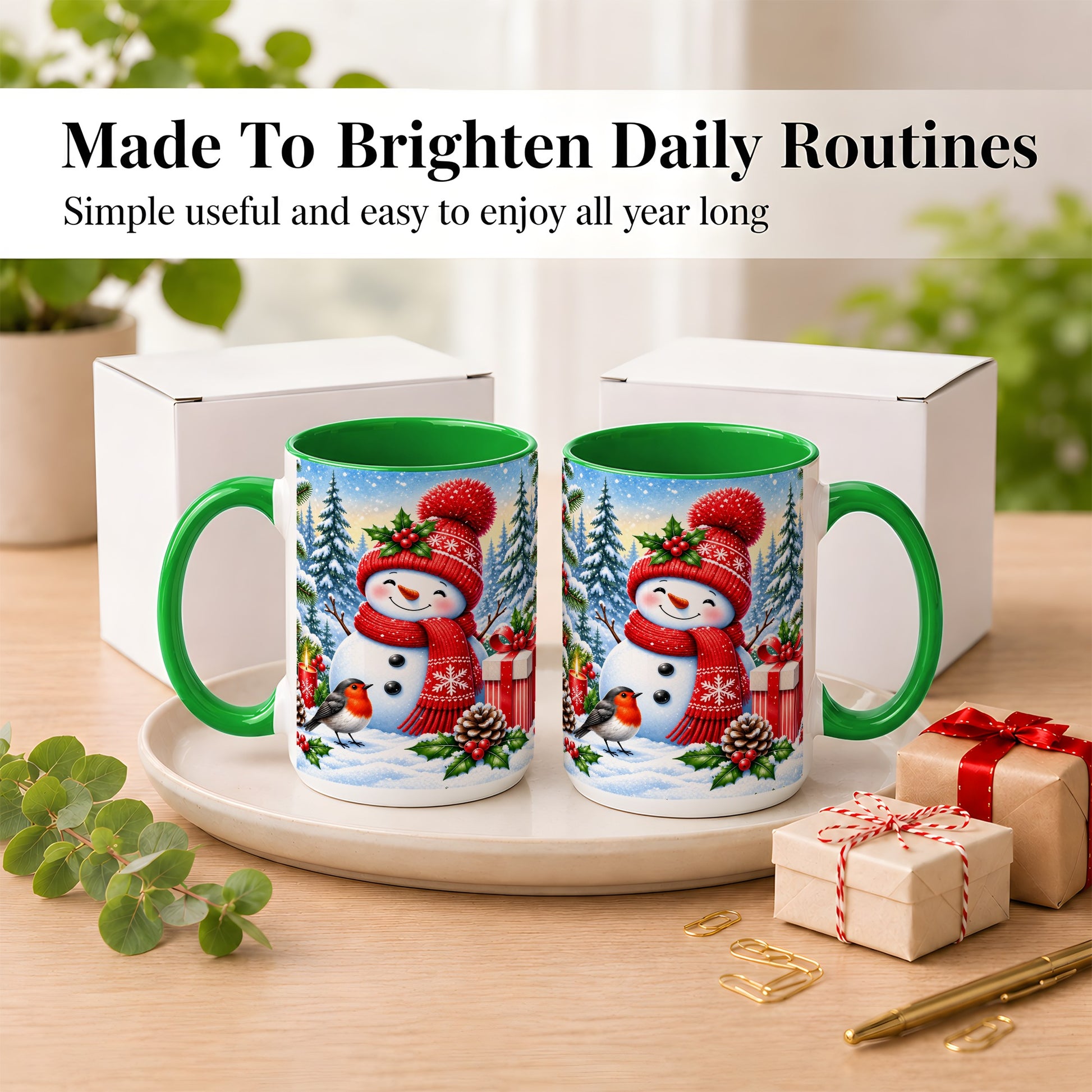 #pl[15oz|Green] Christmas Snowman Coffee Mug, Winter Robin Mug, Ceramic Cup