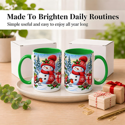 #pl[15oz|Green] Christmas Snowman Coffee Mug, Winter Robin Mug, Ceramic Cup