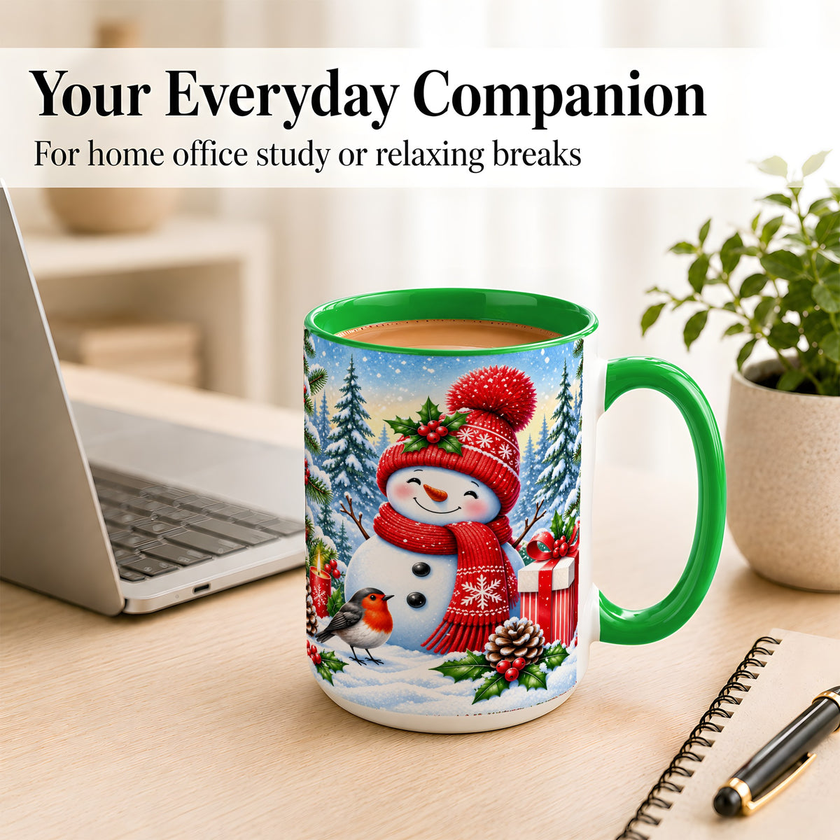 #pl[15oz|Green] Christmas Snowman Coffee Mug, Winter Robin Mug, Ceramic Cup