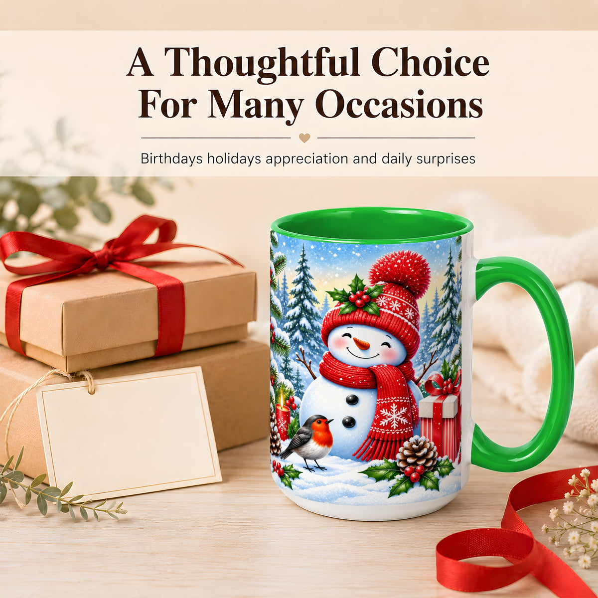 #pl[15oz|Green] Christmas Snowman Coffee Mug, Winter Robin Mug, Ceramic Cup