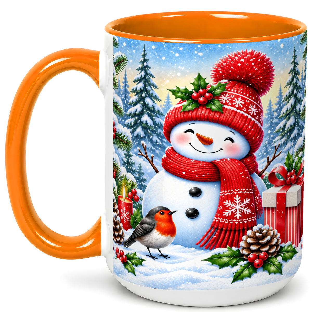 #pl[15oz|Orange] Christmas Snowman Coffee Mug, Winter Robin Mug, Ceramic Cup