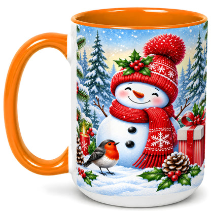 #pl[15oz|Orange] Christmas Snowman Coffee Mug, Winter Robin Mug, Ceramic Cup