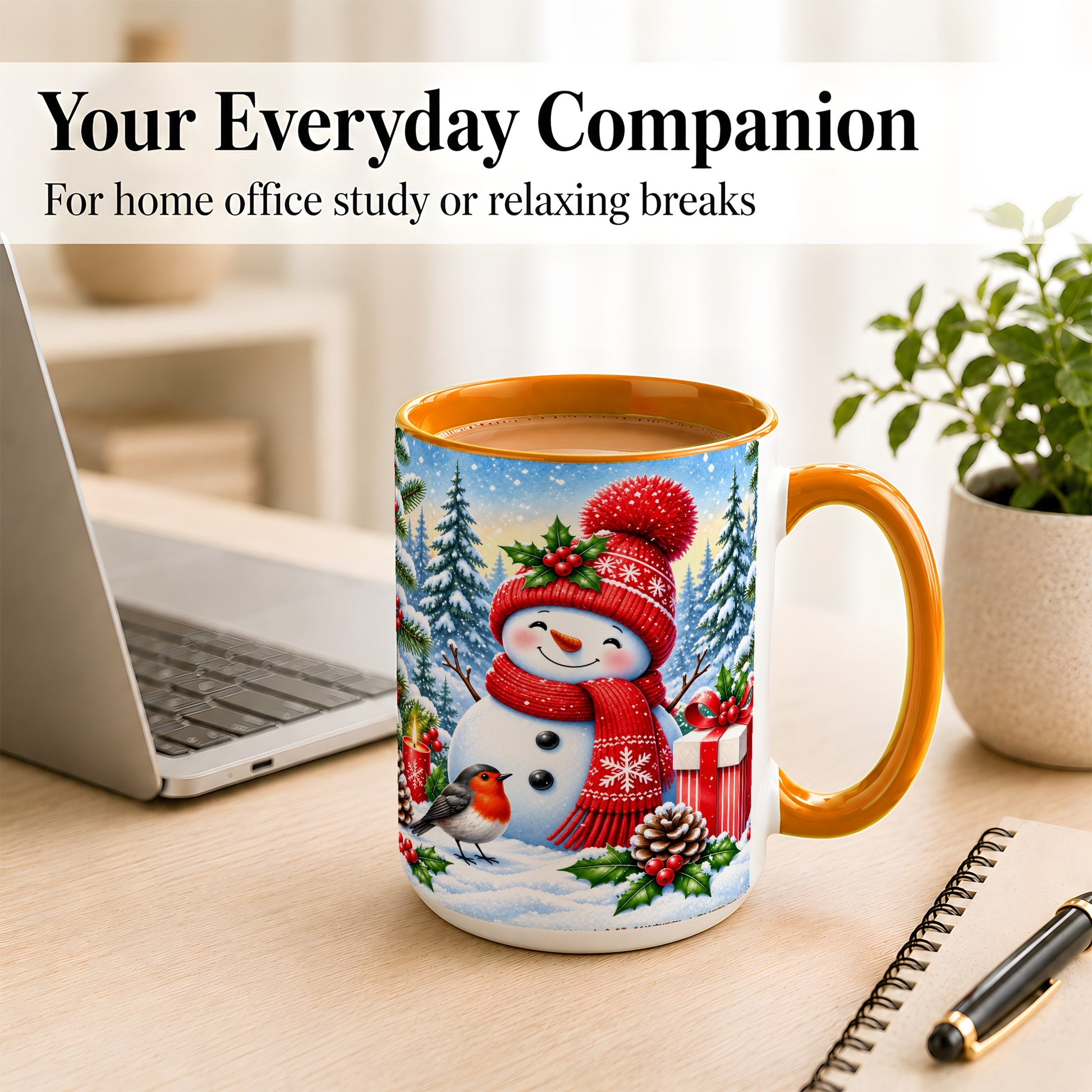 #pl[15oz|Orange] Christmas Snowman Coffee Mug, Winter Robin Mug, Ceramic Cup
