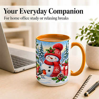 #pl[15oz|Orange] Christmas Snowman Coffee Mug, Winter Robin Mug, Ceramic Cup