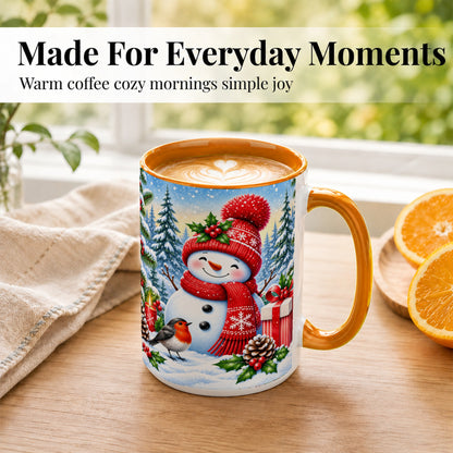 #pl[15oz|Orange] Christmas Snowman Coffee Mug, Winter Robin Mug, Ceramic Cup