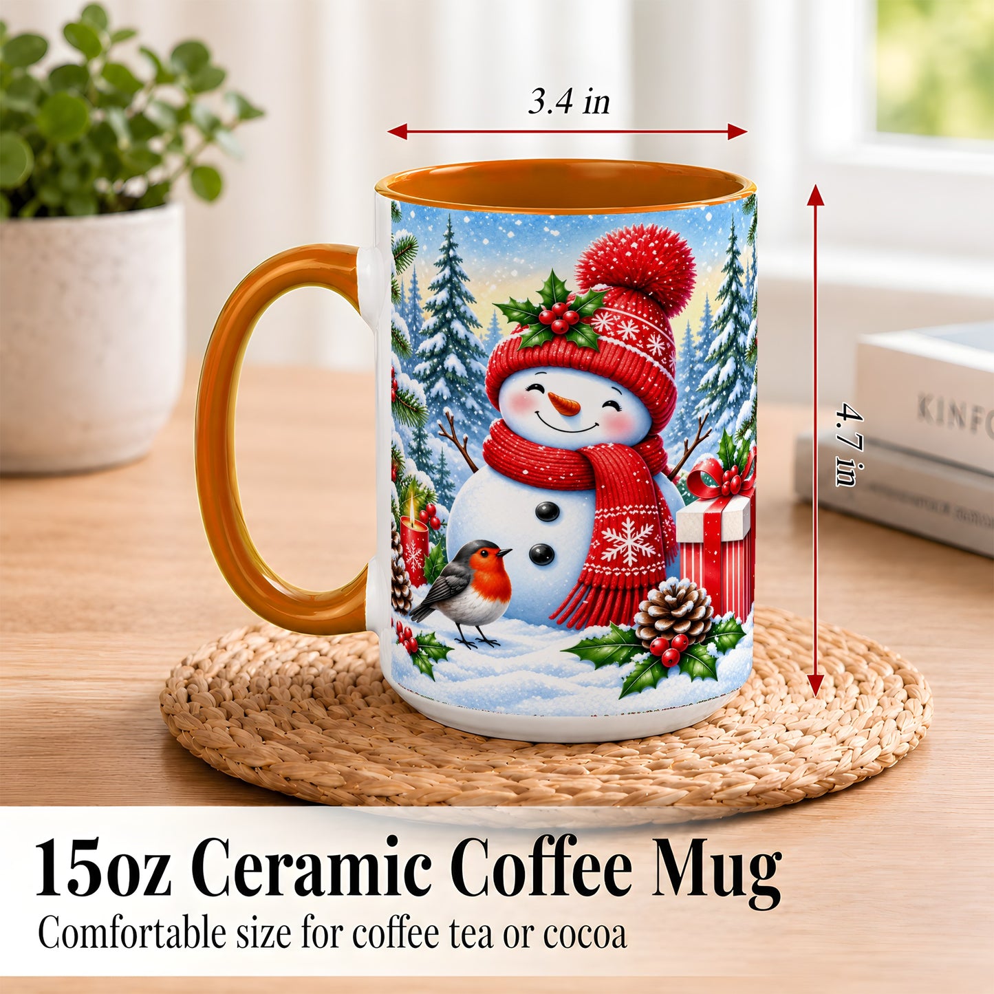 #pl[15oz|Orange] Christmas Snowman Coffee Mug, Winter Robin Mug, Ceramic Cup