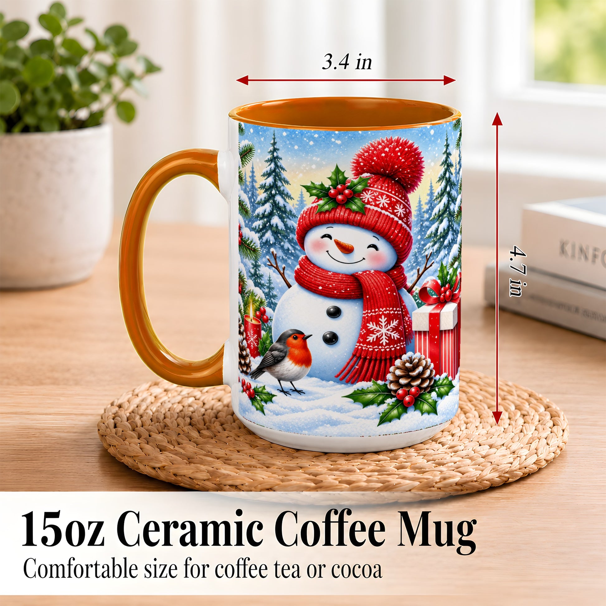 #pl[15oz|Orange] Christmas Snowman Coffee Mug, Winter Robin Mug, Ceramic Cup