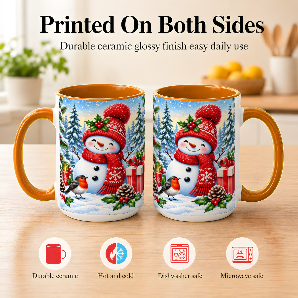 #pl[15oz|Orange] Christmas Snowman Coffee Mug, Winter Robin Mug, Ceramic Cup