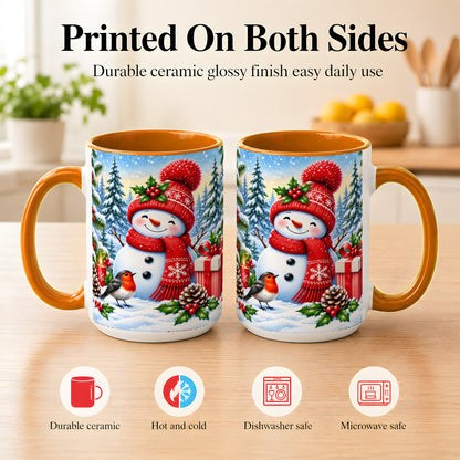 #pl[15oz|Orange] Christmas Snowman Coffee Mug, Winter Robin Mug, Ceramic Cup