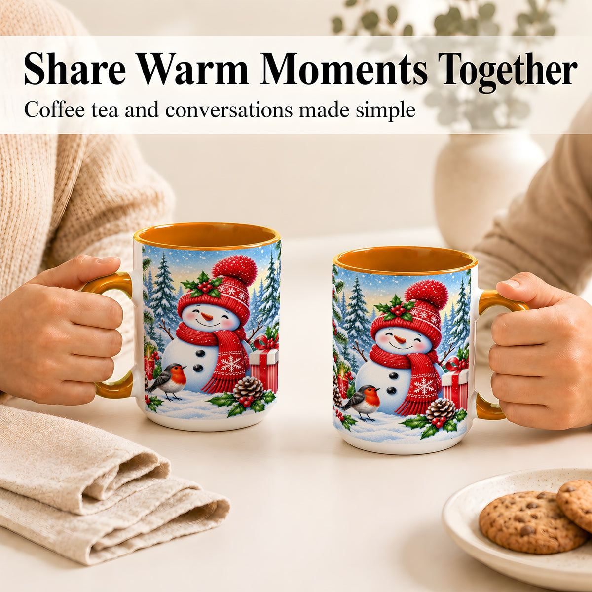 #pl[15oz|Orange] Christmas Snowman Coffee Mug, Winter Robin Mug, Ceramic Cup