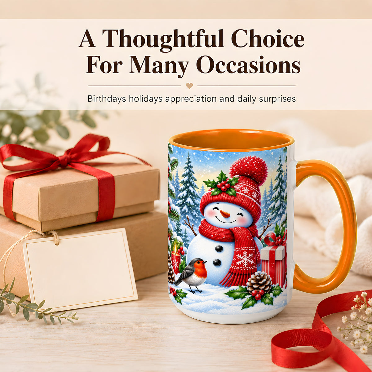 #pl[15oz|Orange] Christmas Snowman Coffee Mug, Winter Robin Mug, Ceramic Cup