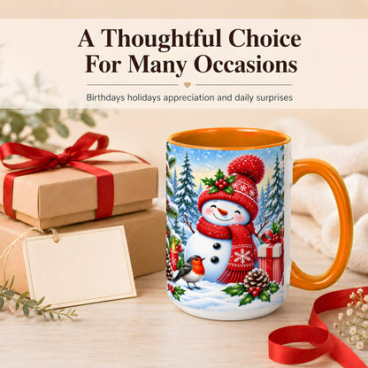 #pl[15oz|Orange] Christmas Snowman Coffee Mug, Winter Robin Mug, Ceramic Cup