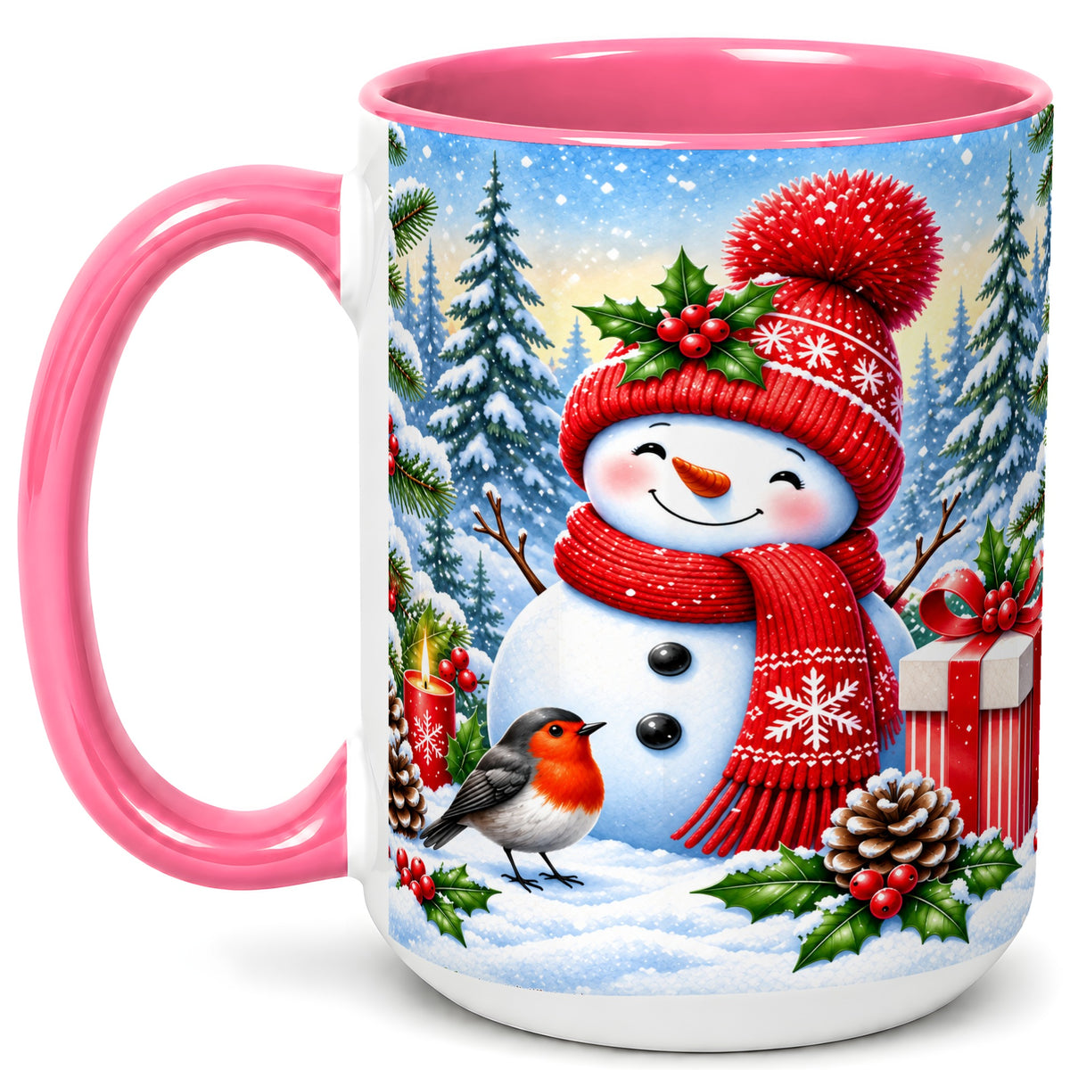 #pl[15oz|Pink] Christmas Snowman Coffee Mug, Winter Robin Mug, Ceramic Cup