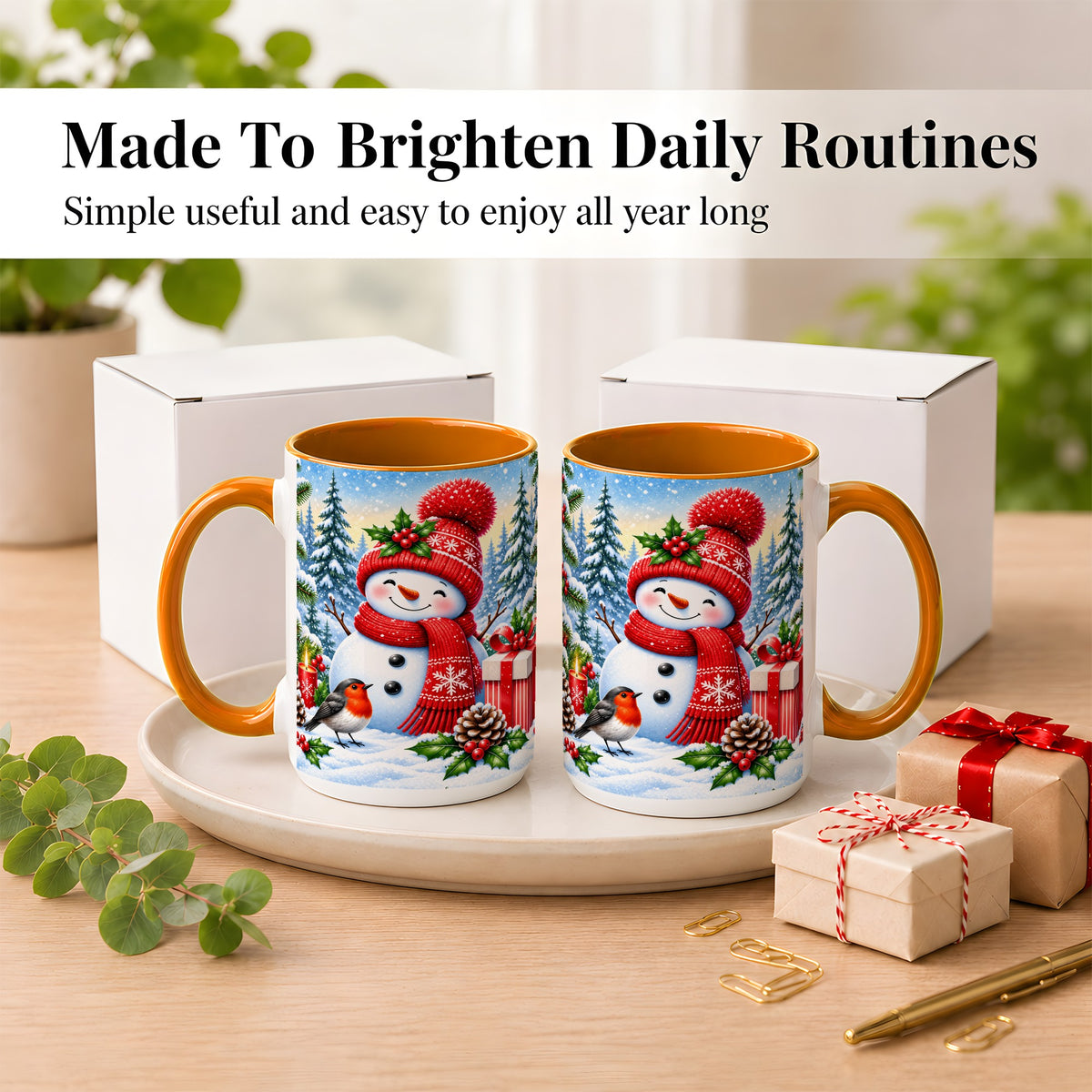 #pl[15oz|Orange] Christmas Snowman Coffee Mug, Winter Robin Mug, Ceramic Cup