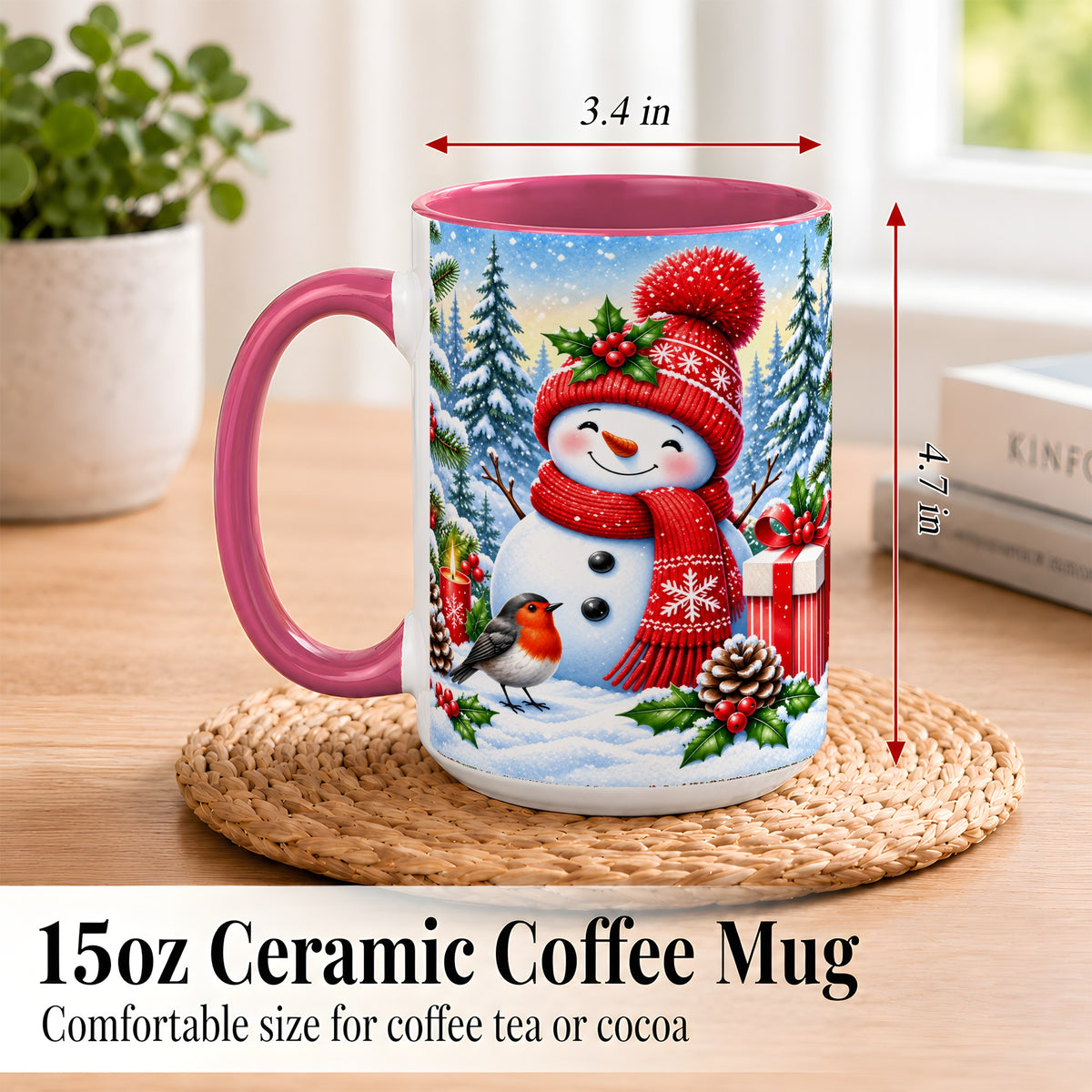 #pl[15oz|Pink] Christmas Snowman Coffee Mug, Winter Robin Mug, Ceramic Cup