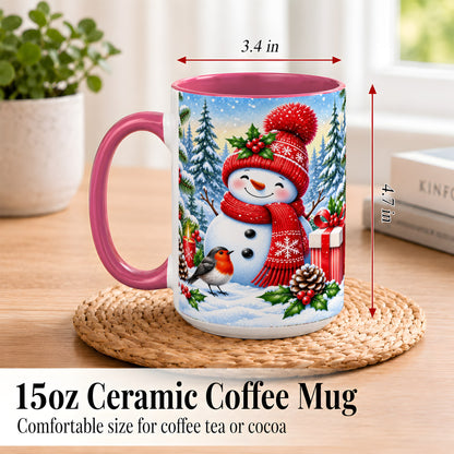 #pl[15oz|Pink] Christmas Snowman Coffee Mug, Winter Robin Mug, Ceramic Cup