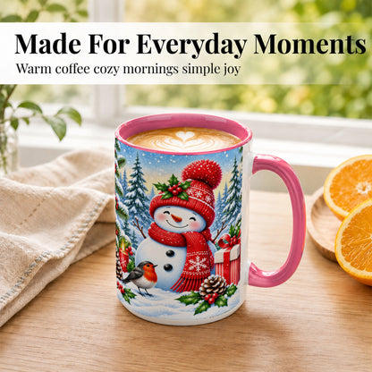 #pl[15oz|Pink] Christmas Snowman Coffee Mug, Winter Robin Mug, Ceramic Cup