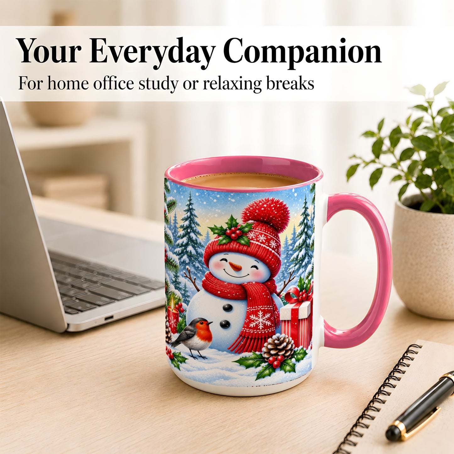 #pl[15oz|Pink] Christmas Snowman Coffee Mug, Winter Robin Mug, Ceramic Cup