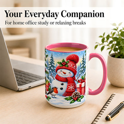 #pl[15oz|Pink] Christmas Snowman Coffee Mug, Winter Robin Mug, Ceramic Cup