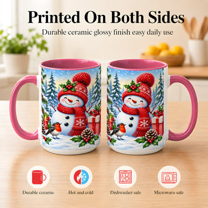 #pl[15oz|Pink] Christmas Snowman Coffee Mug, Winter Robin Mug, Ceramic Cup