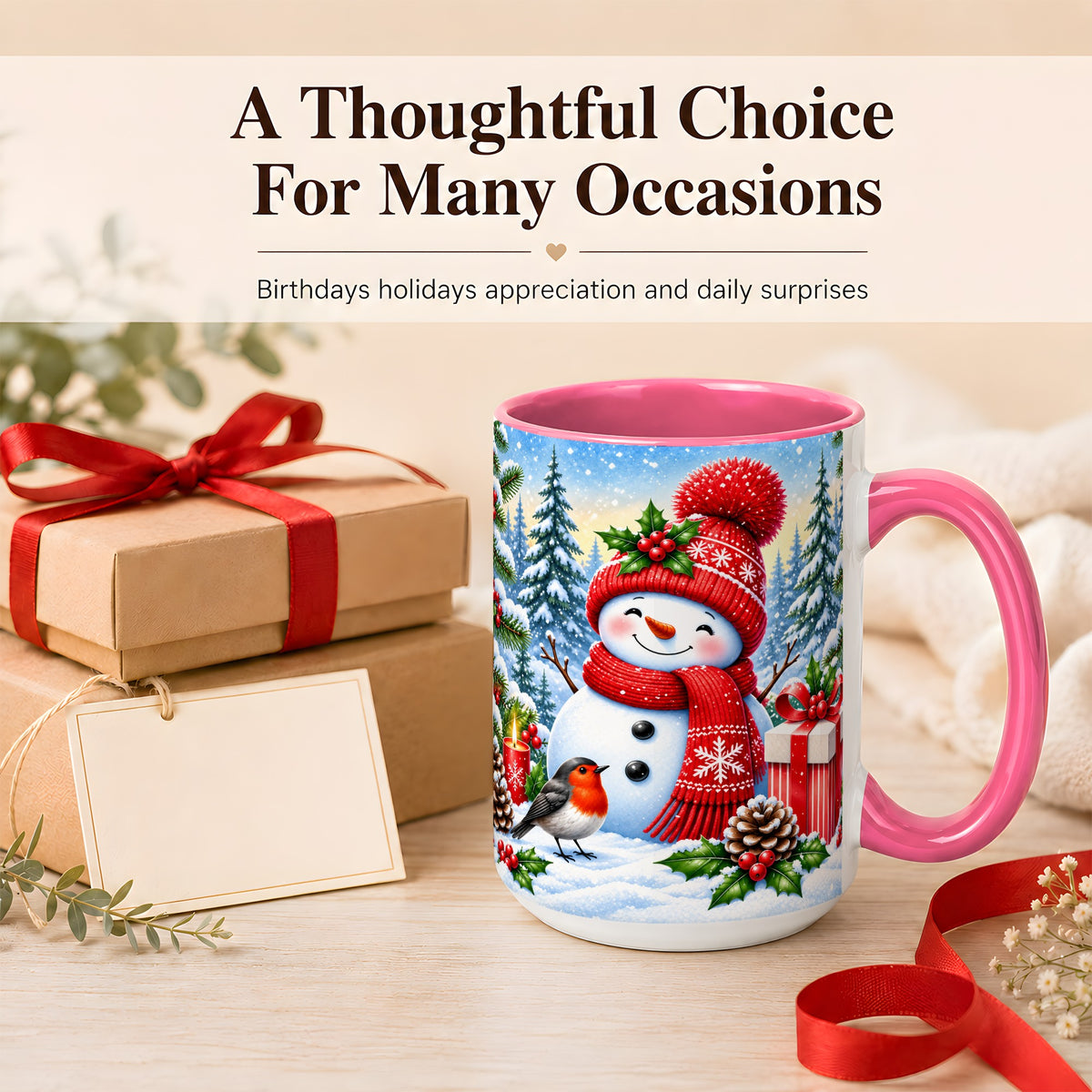 #pl[15oz|Pink] Christmas Snowman Coffee Mug, Winter Robin Mug, Ceramic Cup