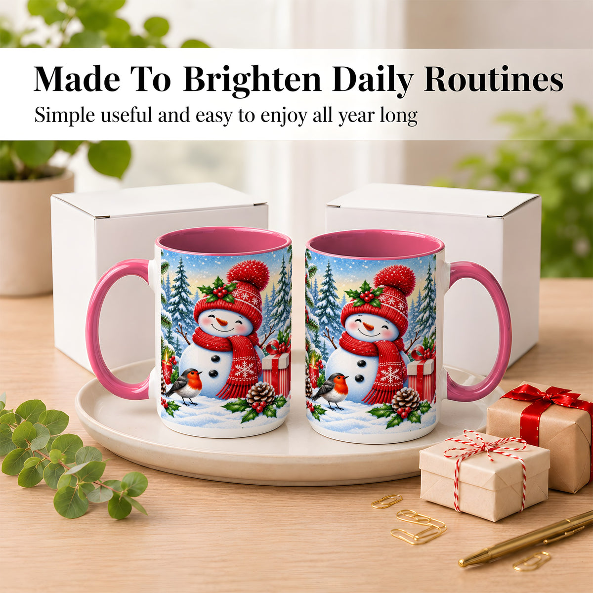 #pl[15oz|Pink] Christmas Snowman Coffee Mug, Winter Robin Mug, Ceramic Cup