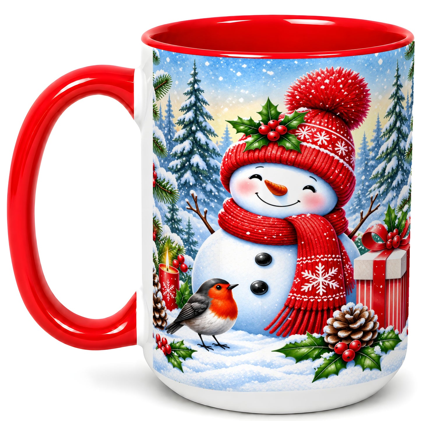 #pl[15oz|Red] Christmas Snowman Coffee Mug, Winter Robin Mug, Ceramic Cup