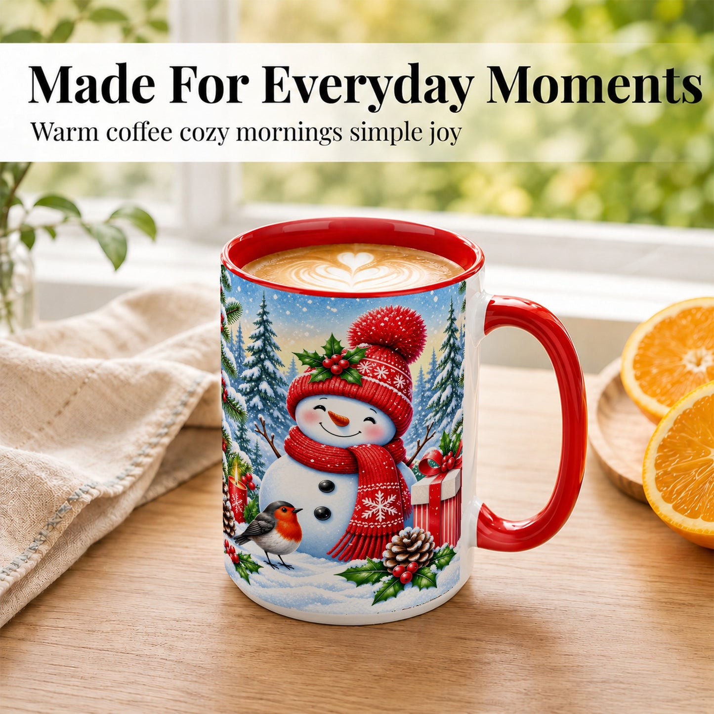 #pl[15oz|Red] Christmas Snowman Coffee Mug, Winter Robin Mug, Ceramic Cup