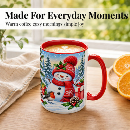 #pl[15oz|Red] Christmas Snowman Coffee Mug, Winter Robin Mug, Ceramic Cup