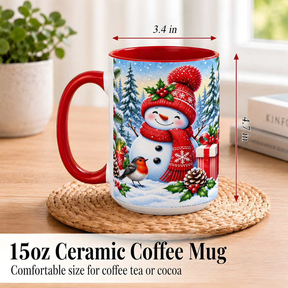 #pl[15oz|Red] Christmas Snowman Coffee Mug, Winter Robin Mug, Ceramic Cup