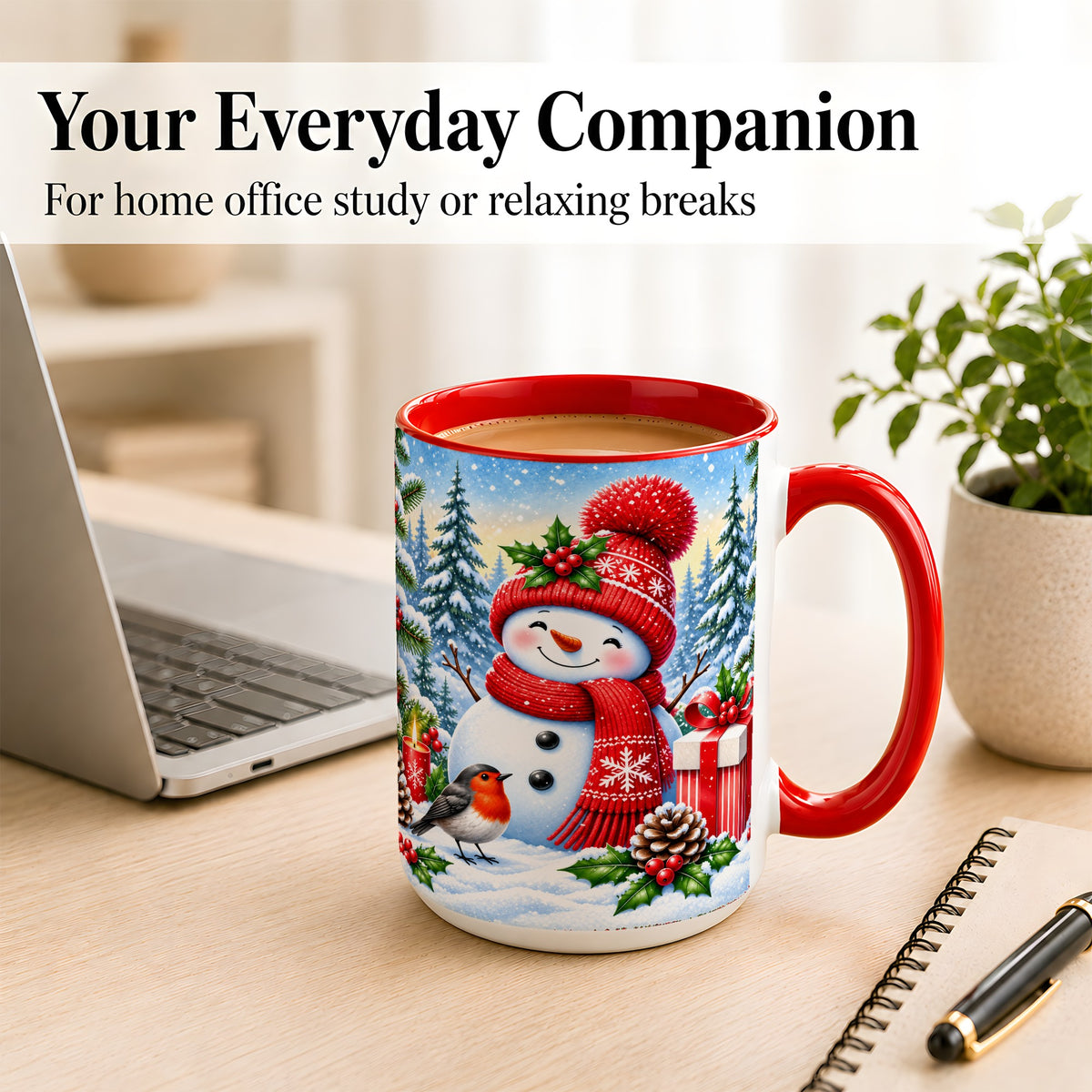 #pl[15oz|Red] Christmas Snowman Coffee Mug, Winter Robin Mug, Ceramic Cup