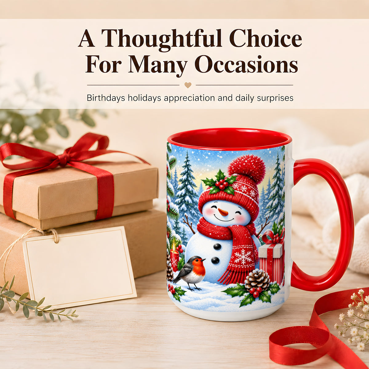 #pl[15oz|Red] Christmas Snowman Coffee Mug, Winter Robin Mug, Ceramic Cup