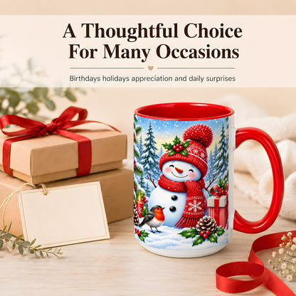 #pl[15oz|Red] Christmas Snowman Coffee Mug, Winter Robin Mug, Ceramic Cup
