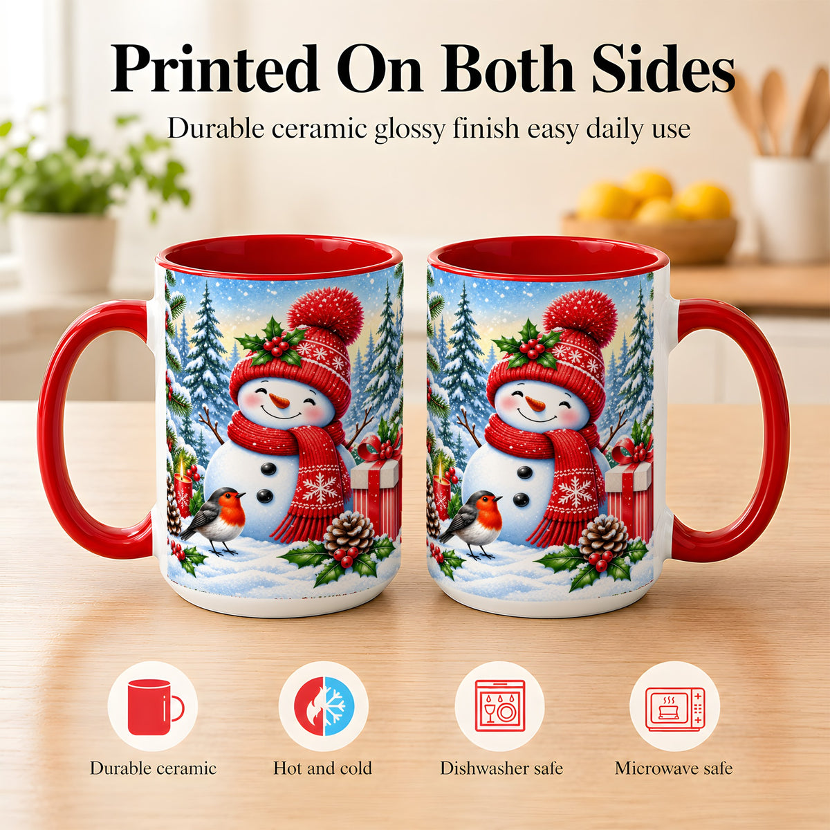 #pl[15oz|Red] Christmas Snowman Coffee Mug, Winter Robin Mug, Ceramic Cup