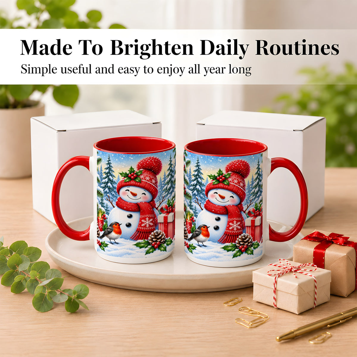#pl[15oz|Red] Christmas Snowman Coffee Mug, Winter Robin Mug, Ceramic Cup
