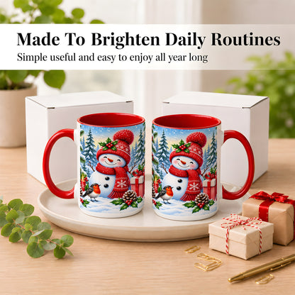 #pl[15oz|Red] Christmas Snowman Coffee Mug, Winter Robin Mug, Ceramic Cup
