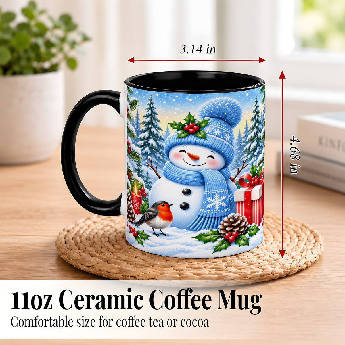 #pl[11oz|Black] Winter Snowman Coffee Mug, Robin Bird Mug, Ceramic Cup