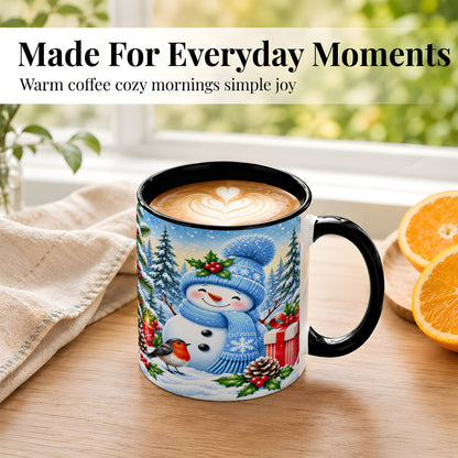 #pl[11oz|Black] Winter Snowman Coffee Mug, Robin Bird Mug, Ceramic Cup