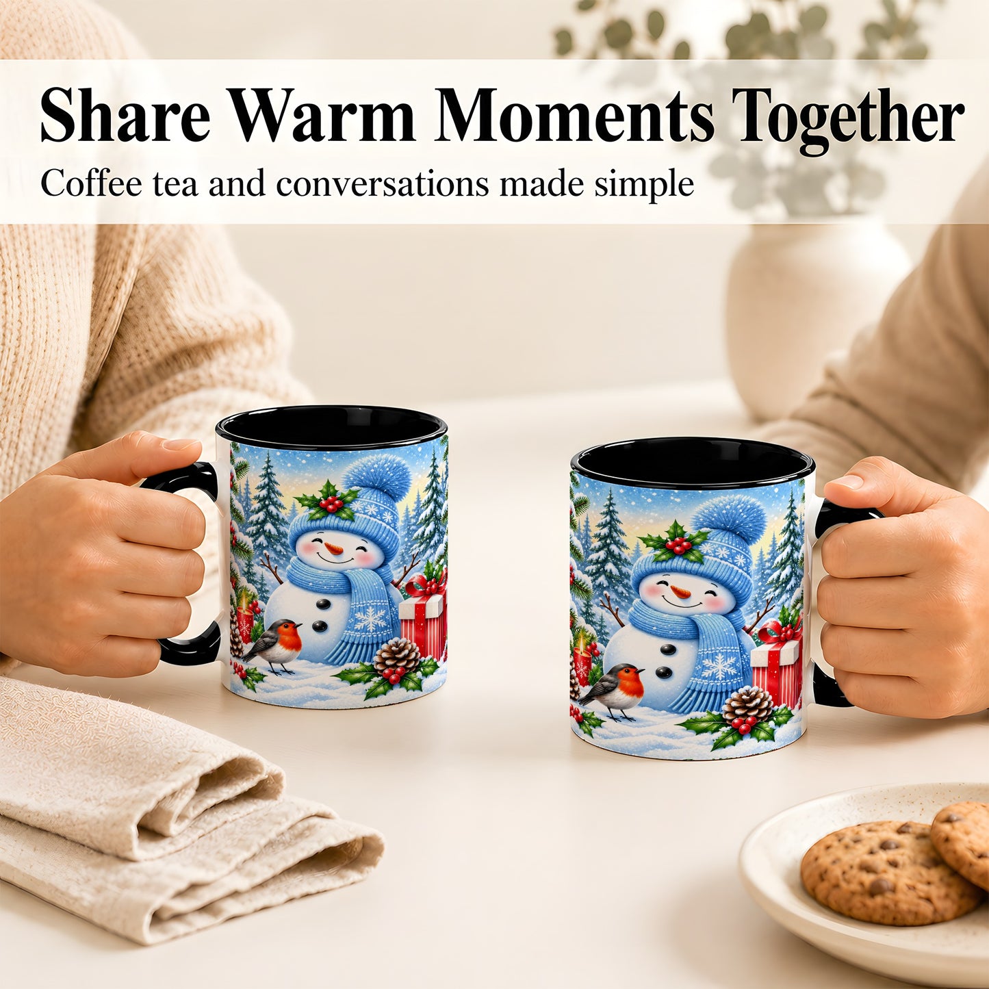 #pl[11oz|Black] Winter Snowman Coffee Mug, Robin Bird Mug, Ceramic Cup