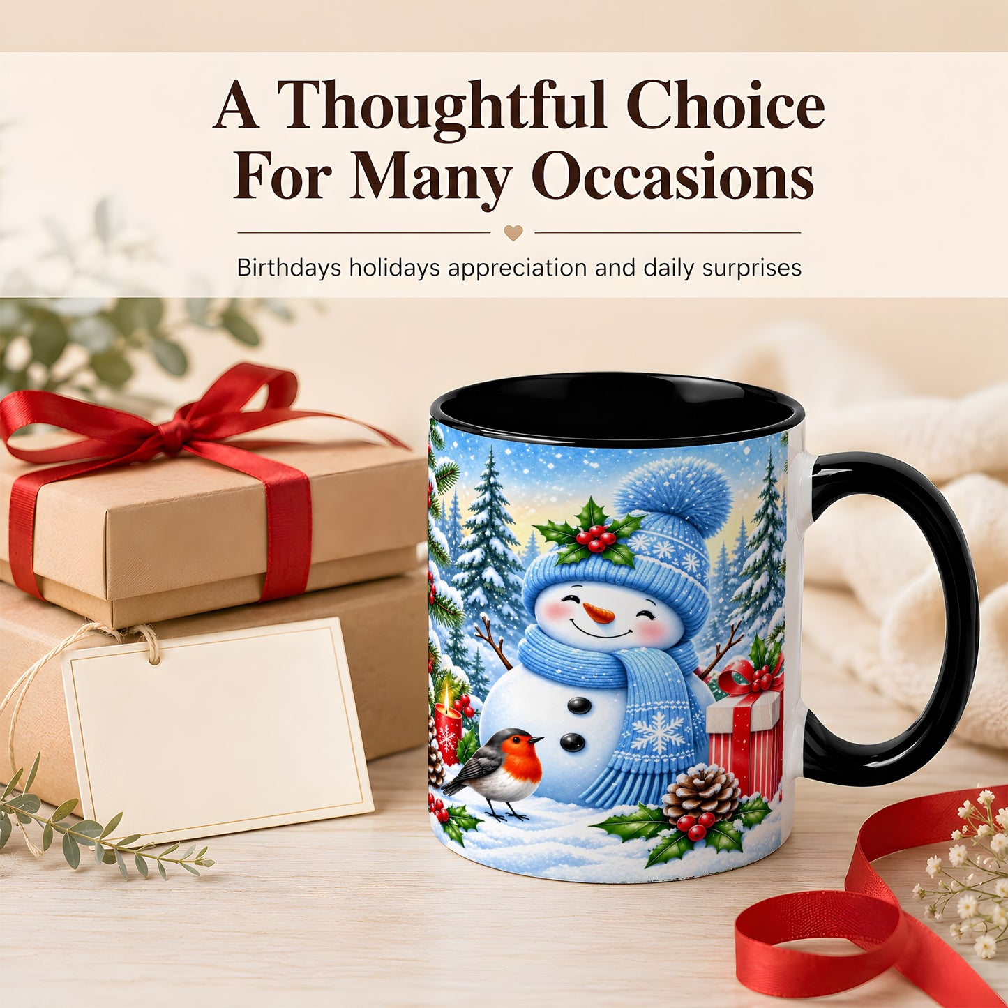 #pl[11oz|Black] Winter Snowman Coffee Mug, Robin Bird Mug, Ceramic Cup