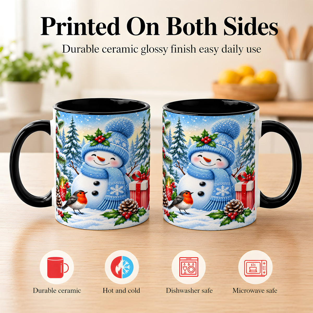 #pl[11oz|Black] Winter Snowman Coffee Mug, Robin Bird Mug, Ceramic Cup