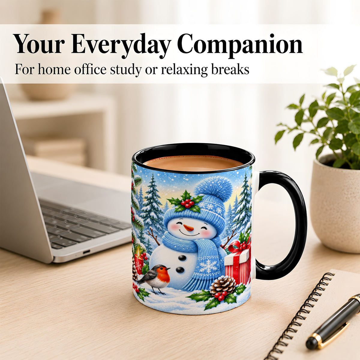 #pl[11oz|Black] Winter Snowman Coffee Mug, Robin Bird Mug, Ceramic Cup