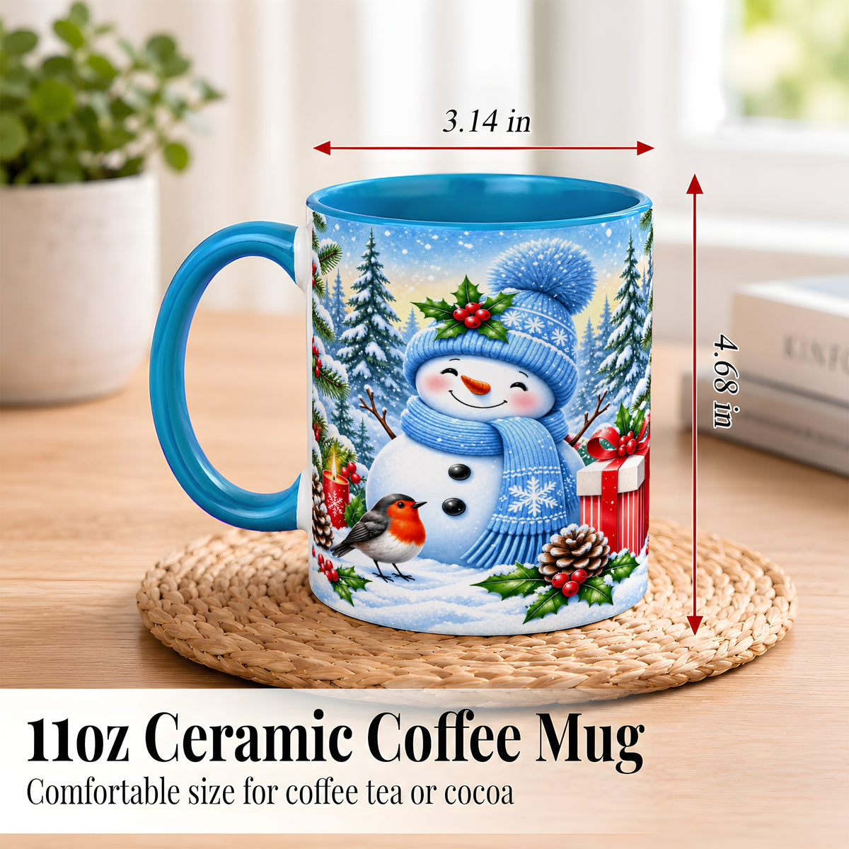 #pl[11oz|Blue] Winter Snowman Coffee Mug, Robin Bird Mug, Ceramic Cup
