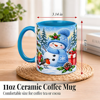 #pl[11oz|Blue] Winter Snowman Coffee Mug, Robin Bird Mug, Ceramic Cup